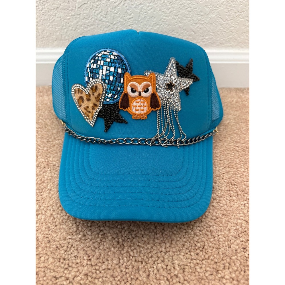 Otto Women Trucker Hat Embellished Patches OSFM Turquoise Y2K Disco Owl Star